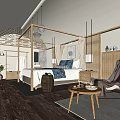 Chinese Style Hotel Guest Room Featuring Wooden Furniture Blue Bedding And Pendant Lights
