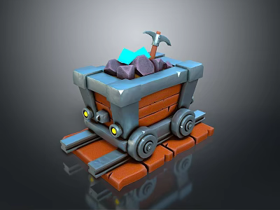 3D Render of Mine Cart on Rail Tracks with Colorful Ores and Hammer Model Design 3d model