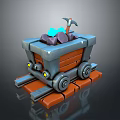3D Render of Mine Cart on Rail Tracks with Colorful Ores and Hammer Model Design
