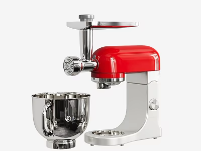 Red Stand Mixer with Silver Mixing Bowl and Meat Grinder Attachment as Essential Kitchen Appliance 3d model