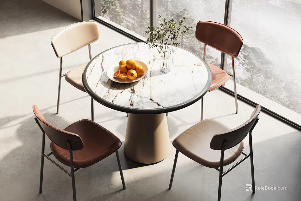 Modern Dining Table And Chairs Set With Marble Tabletop And Curved Back Beige Brown Chairs 3d model 