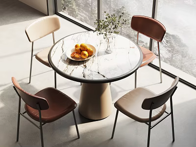 Modern Dining Table And Chairs Set With Marble Tabletop And Curved Back Beige Brown Chairs 3d model