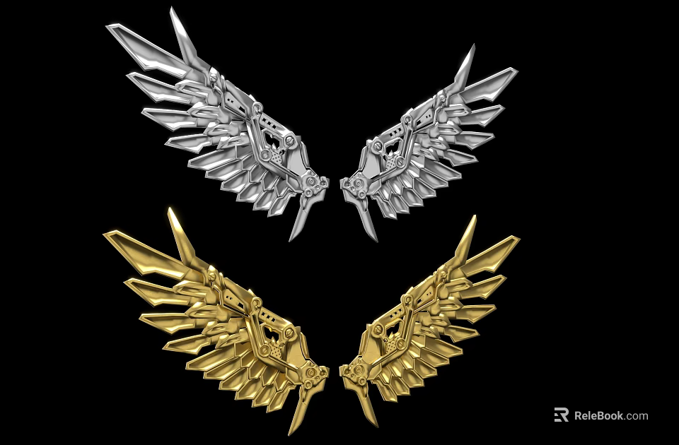 Silver And Gold Wing Shaped Decorations Symmetrically Placed On Black Background 3d model 