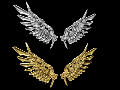 Silver And Gold Wing Shaped Decorations Symmetrically Placed On Black Background 3d model