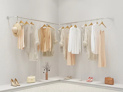 Corner Clothes Hanger with Light Colored Blouses Dresses Hat Shoes and Bags on White Shelves 3d model