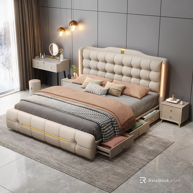 Modern Bedroom Interior With Tufted Headboard Storage Drawers Nightstands And Dresser 3d model 