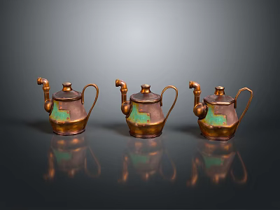 Three Vintage Copper Kettles With Green Patina Handles And Spouts As Household Items 3d model