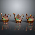 Three Vintage Copper Kettles With Green Patina Handles And Spouts As Household Items