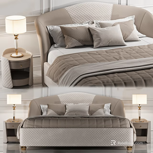 Elegant Modern Double Bed With Soft Pillows And Gold Table Lamps On Nightstands 3d model 