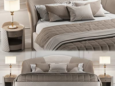 Elegant Modern Double Bed With Soft Pillows And Gold Table Lamps On Nightstands 3d model