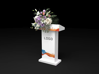 White Functional Table With LOGO Flower Arrangement And Orange Blue Side Patterns 3d model