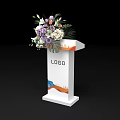 White Functional Table With LOGO Flower Arrangement And Orange Blue Side Patterns 3d model