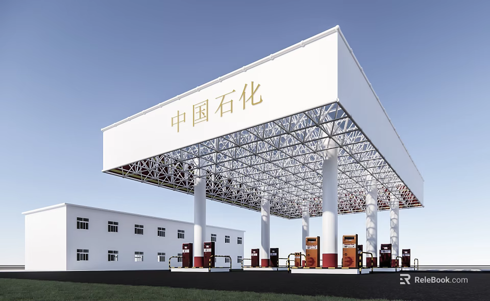 Modern Sinopec Gas Station With White Canopy Steel Frame And Fuel Dispensers 3d model 