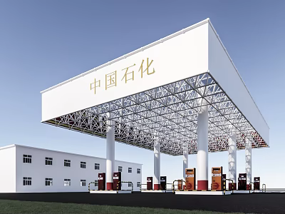 Modern Sinopec Gas Station With White Canopy Steel Frame And Fuel Dispensers 3d model