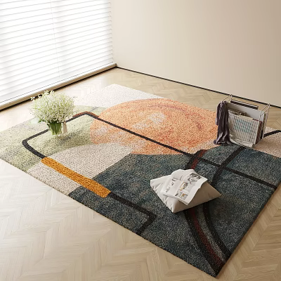 Square Area Rug with Geometric Design on Wooden Floor with Vase and Magazines 3d model