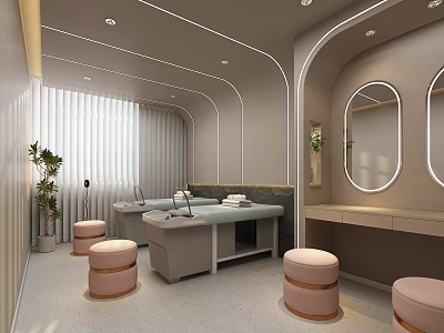 Modern SPA Sauna Interior Design With Massage Beds Round Mirrors And Pink Stools 3d model