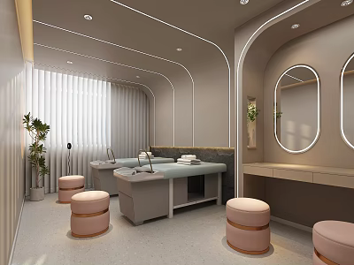 Modern SPA Sauna Interior Design With Massage Beds Round Mirrors And Pink Stools 3d model