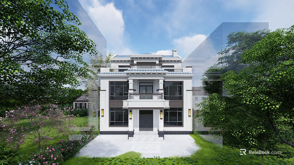 Detached Villa Exterior In Traditional Style With Lawn Garden Trees And Porch 3d model 