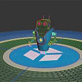 Blue And Black Robot Character Standing On Glowing Circular Platform With Grid Floor 3d model