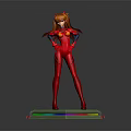 Game and Movie Character with Orange Hair in Red Bodysuit Standing on Colorful Illuminated Base