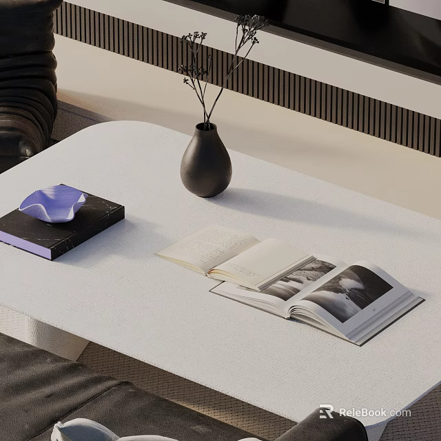 Modern Sofa and Coffee Table Set Featuring Black Vase Dried Branches Open Book and 3d model