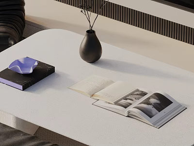 Modern Sofa and Coffee Table Set Featuring Black Vase Dried Branches Open Book and 3d model