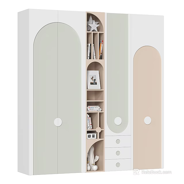 Modern Style Bookcase With Curved Doors Open Shelves And Soft Color Panels Holding Books 3d model 