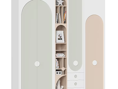 Modern Style Bookcase With Curved Doors Open Shelves And Soft Color Panels Holding Books 3d model