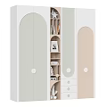 Modern Style Bookcase With Curved Doors Open Shelves And Soft Color Panels Holding Books