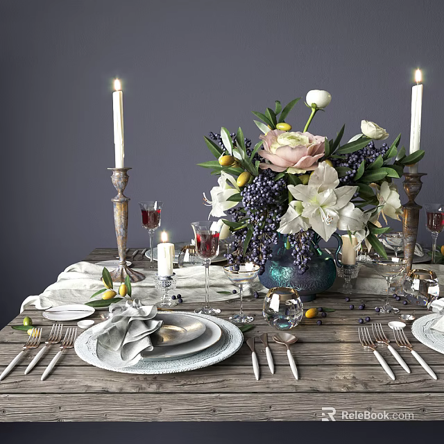 Elegant Modern Dinnerware Set With Fresh Flowers Candles Wine Glasses And Plates On Wooden Table 3d model 