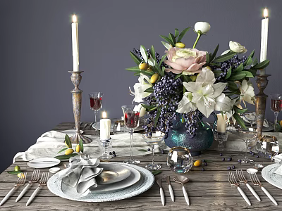 Elegant Modern Dinnerware Set With Fresh Flowers Candles Wine Glasses And Plates On Wooden Table 3d model