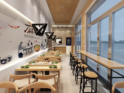 Modern Restaurant Interior Featuring Wooden Ceiling Long Tables Bar Stools And Large Windows 3d model