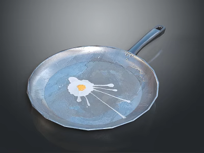 Metal Frying Pan With Freshly Fried Egg And Splatters For Kitchen Cooking 3d model