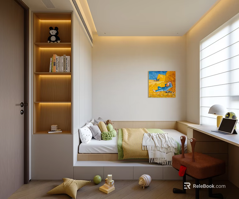 Tatami Bedroom Interior Design With Built In Bookshelf Colorful Painting Cozy Pillows And Wooden Desk 3d model 