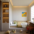 Tatami Bedroom Interior Design With Built In Bookshelf Colorful Painting Cozy Pillows And Wooden Desk