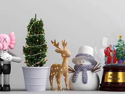 Decorative Ornament Set With Pink Figurine Christmas Tree Lighted Deer Snowman And Glass Globe 3d model