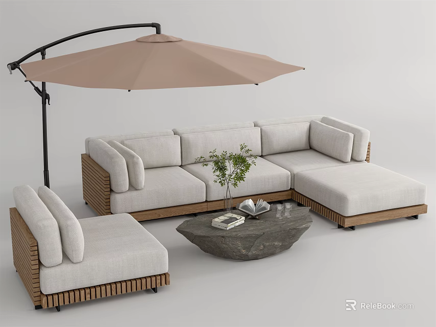 Modern Outdoor Sofa with Wicker Frame L-shaped Design Umbrella and Coffee Table 3d model
