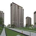 Modern High Rise Residential Building with Green Lawn Trees Walking Path and Outdoor Facilities