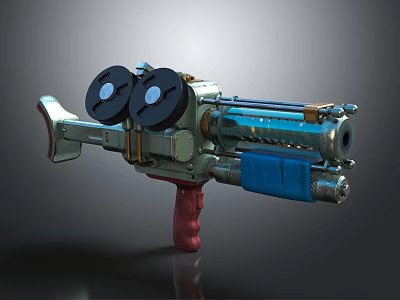 Futuristic Sci Fi Weapon With Red Grip Blue Component And Two Black Discs On Top 3d model