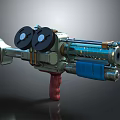 Futuristic Sci Fi Weapon With Red Grip Blue Component And Two Black Discs On Top