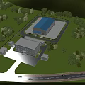 Aerial View of Modern Industrial Factory With Blue Roof Green Surroundings and Auxiliary Buildings
