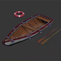 Wooden Boat with Red Lifebuoy and Two Oars on Black Reflective Surface