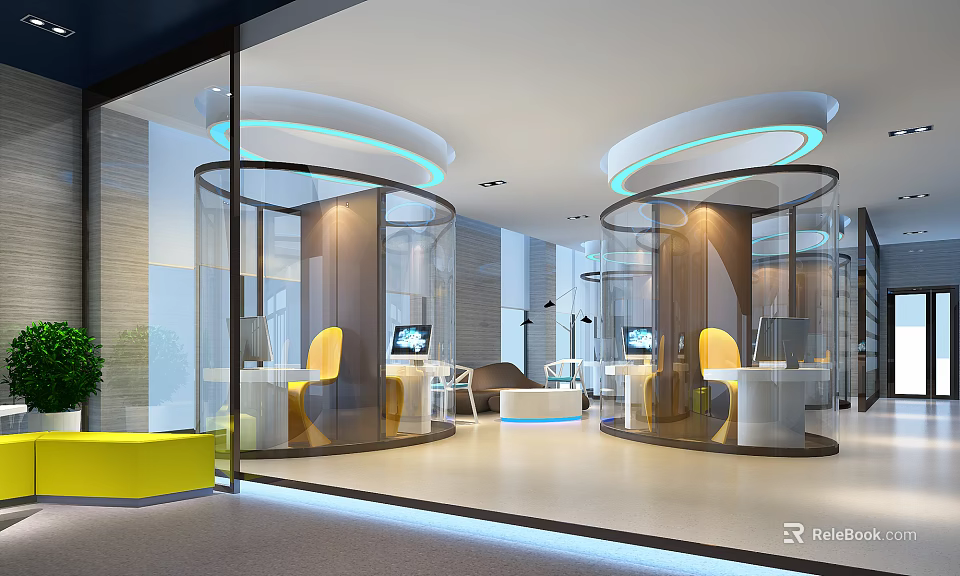 Modern Office Interior With Glass Partitions Circular Workstations Yellow Chairs And Curved Ceiling Lights 3d model 