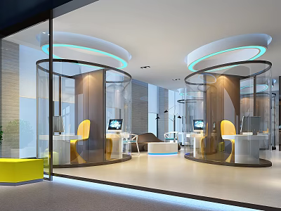 Modern Office Interior With Glass Partitions Circular Workstations Yellow Chairs And Curved Ceiling Lights 3d model