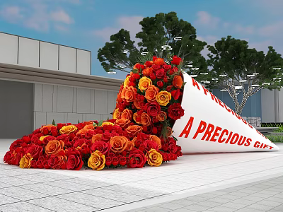 Scattered Red Yellow Roses With Tilted White Scroll Showing A Precious Gift Near Modern Building 3d model