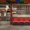 Traditional Chinese Restaurant Featuring Red Chairs Wooden Tables Fu Characters Open Kitchen And Colorful Decor