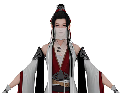 Ancient Costume Game and Movie Character with Red White Black Outfit Flowing Sleeves and Veil 3d model