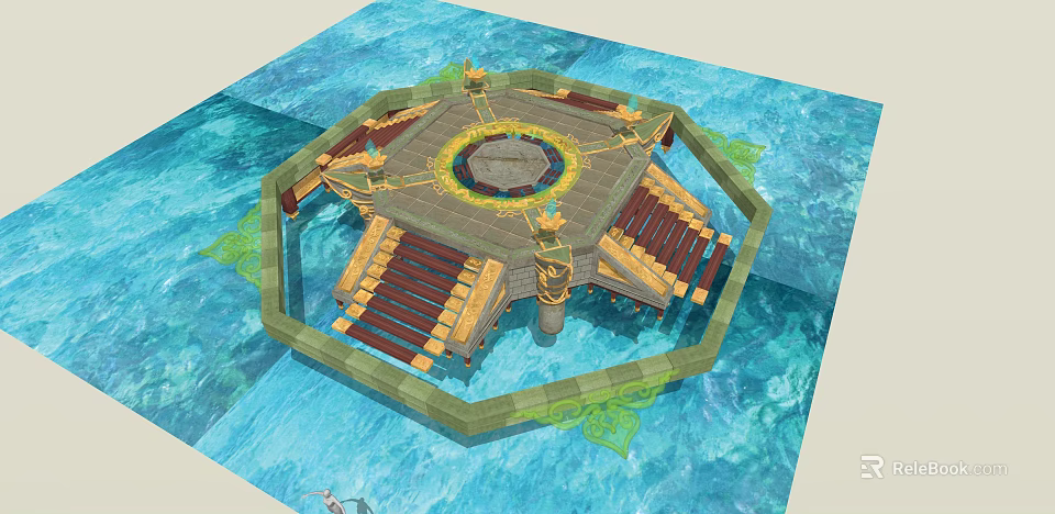 Octagonal Water Structure With Circular Center Steps And Decorative Elements 3d model 