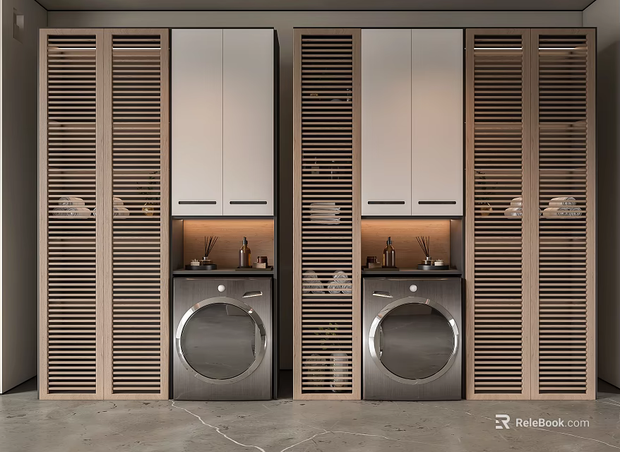 Modern Bathroom Cabinet Racks With Wooden Louver Design White Doors Sink And Washing Machine 3d model 
