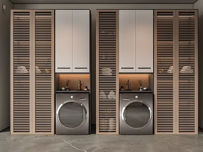 Modern Bathroom Cabinet Racks With Wooden Louver Design White Doors Sink And Washing Machine 3d model